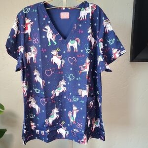 Ava Therese By Zavate Apparel Navy Christmas Unicorn Scrub Uniform Top 2xl